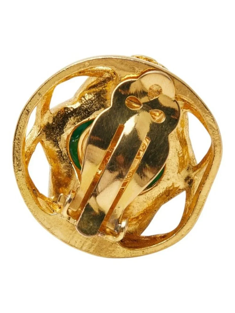 Chanel CC Logo Gripoix Vintage Round Single Earrings Green Gold Plated Glass